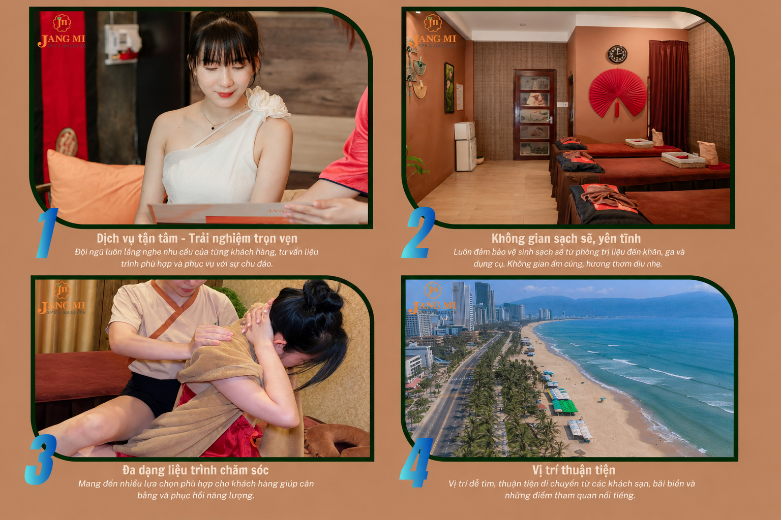 Infographic giới thiệu 4 ưu điểm nổi bật của spa Đà Nẵng Jang Mi Spa: đội ngũ tận tâm, không gian sạch sẽ, nhiều liệu trình chăm sóc và vị trí gần biển Mỹ Khê.