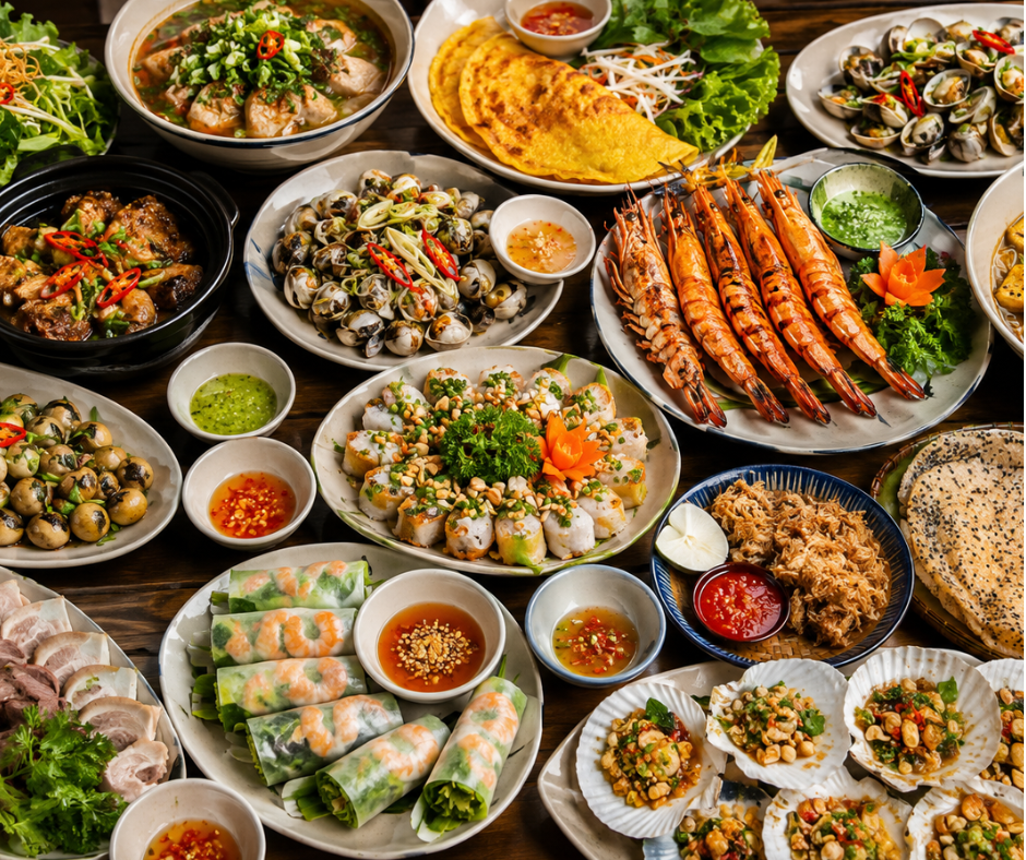 Bàn tiệc với nhiều món ăn đặc sản hấp dẫn tại nhà hàng ngon Đà Nẵng, gồm hải sản tươi sống, bánh xèo, gỏi cuốn và các món đặc trưng miền Trung.