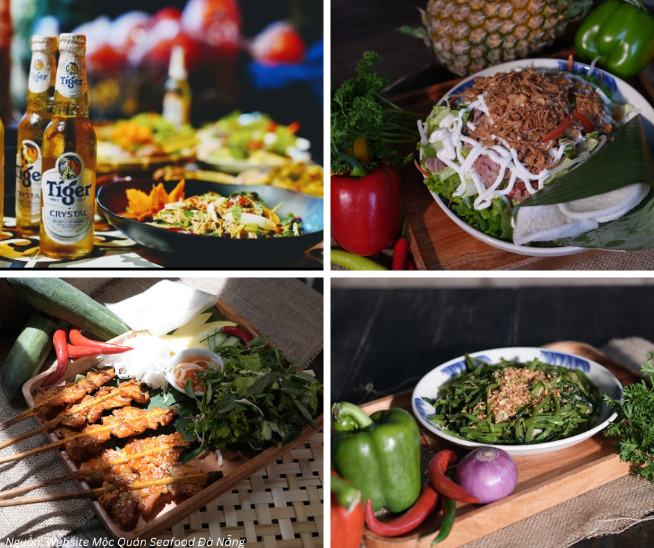 Các món ăn đặc trưng tại nhà hàng ngon Đà Nẵng Mộc Quán Seafood với hải sản tươi sống, gỏi, rau xào và xiên nướng hấp dẫn.