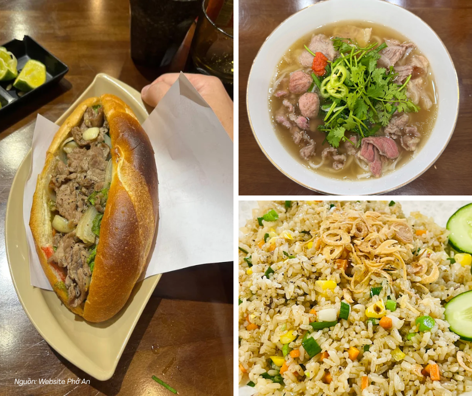 Bánh mì bò, phở bò và cơm chiên được phục vụ tại nhà hàng ngon Đà Nẵng Phở An với hương vị đậm đà, hấp dẫn.