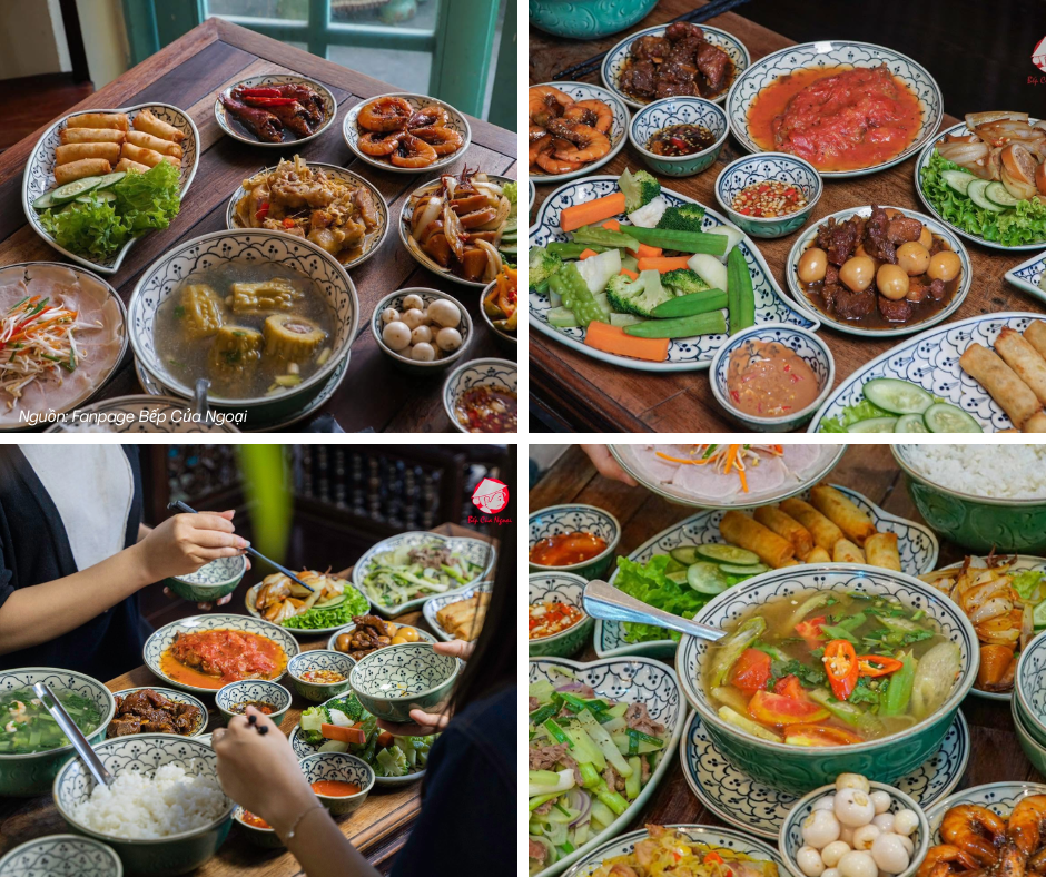 Mâm cơm gia đình với nhiều món ăn truyền thống Việt Nam tại nhà hàng ngon Đà Nẵng Bếp Của Ngoại.