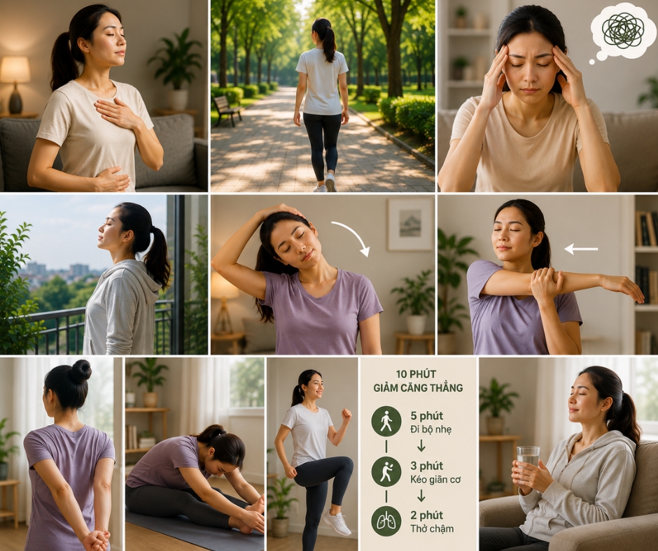 Người phụ nữ thực hiện các bài tập hít thở, đi bộ nhẹ và kéo giãn cơ thể để giảm cơn nóng giận và thư giãn khi căng thẳng.