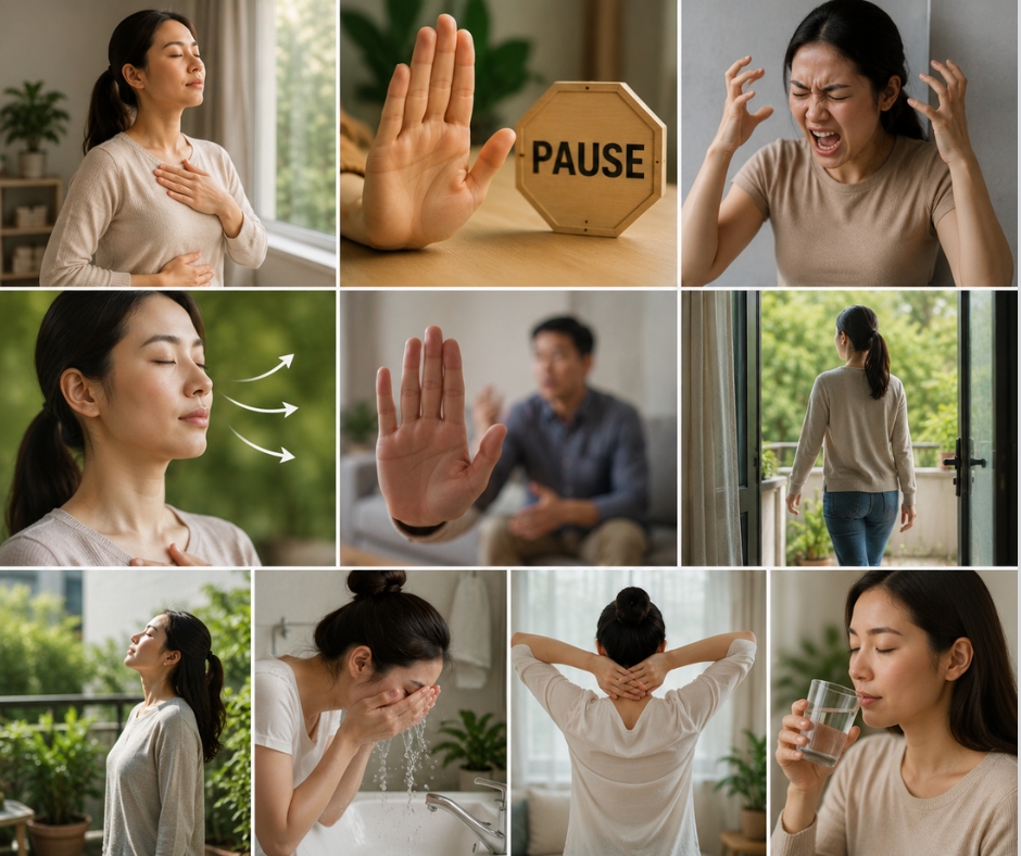 Người phụ nữ thực hành hít thở sâu, tạm rời khỏi tình huống căng thẳng và thư giãn để giúp giảm cơn nóng giận, lấy lại sự bình tĩnh.