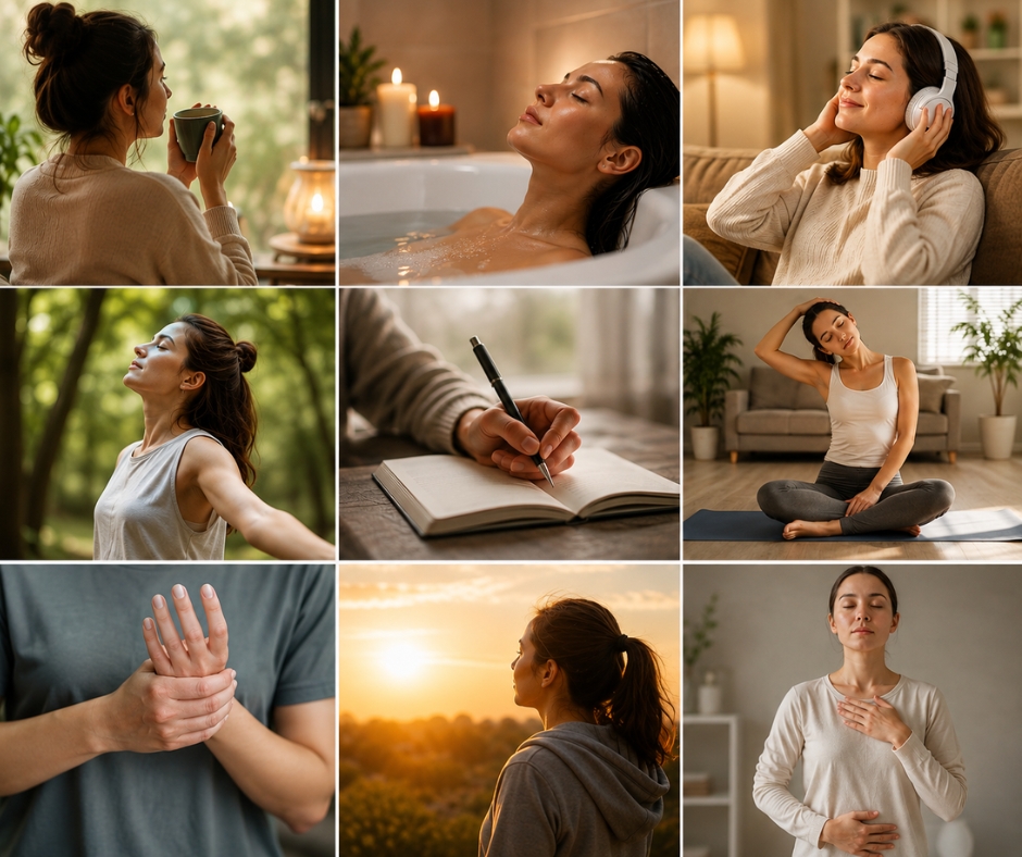 Các hoạt động thư giãn như uống trà, tắm nước ấm, nghe nhạc, hít thở sâu và viết nhật ký giúp giảm căng thẳng, hỗ trợ giảm cơn nóng giận.