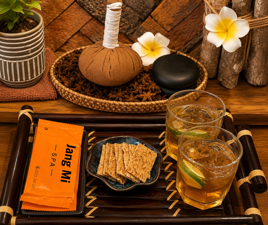 hình ảnh thảo dược và đá nóng tại jang mi spa để thực hiện massage toàn thân đá nóng
